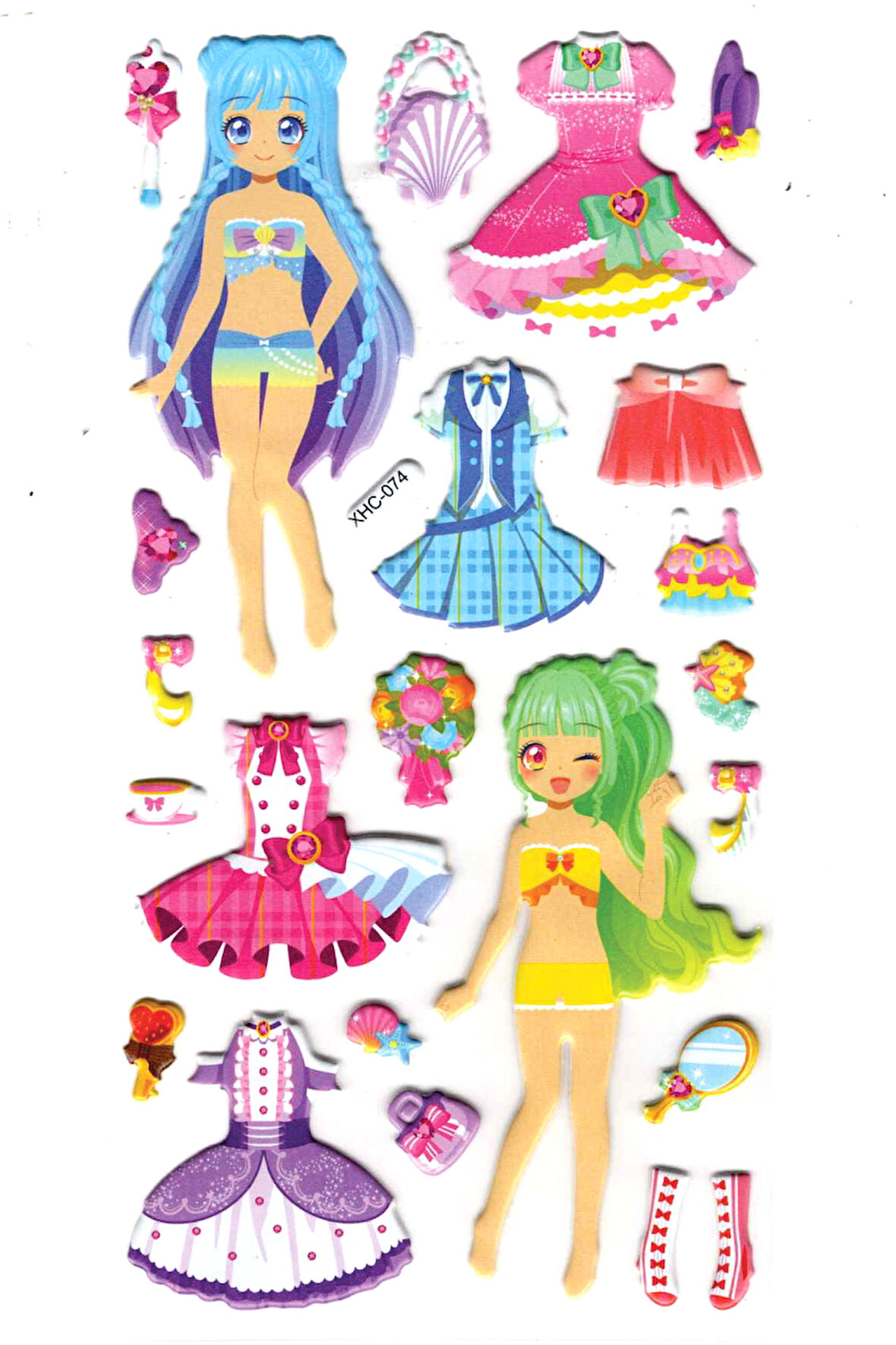 Sticker Kabartmalı Stiker Çıkartma Etiket (XHC074)-18x9 cm- Renkli Kız Giydirme