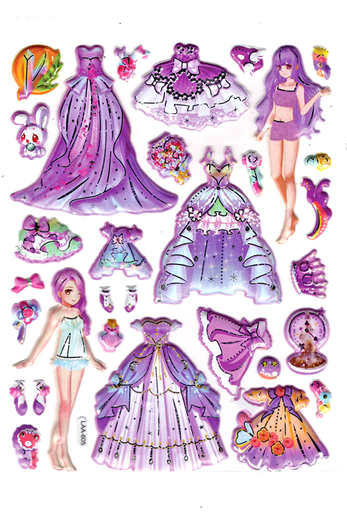Sticker Kabartmalı Stiker Çıkartma Etiket (LAA605)-14x18 cm- Mor Kız Prenses Giydirme