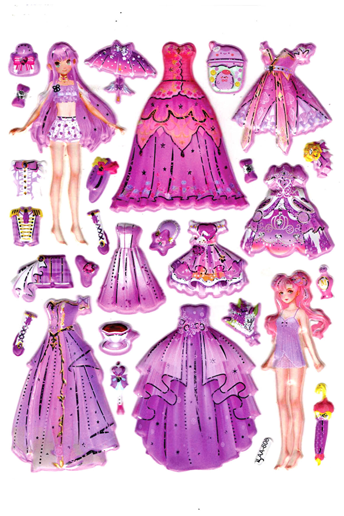 Sticker Kabartmalı Stiker Çıkartma Etiket (LAA606)-14x18 cm- Lila Kız Prenses Giydirme