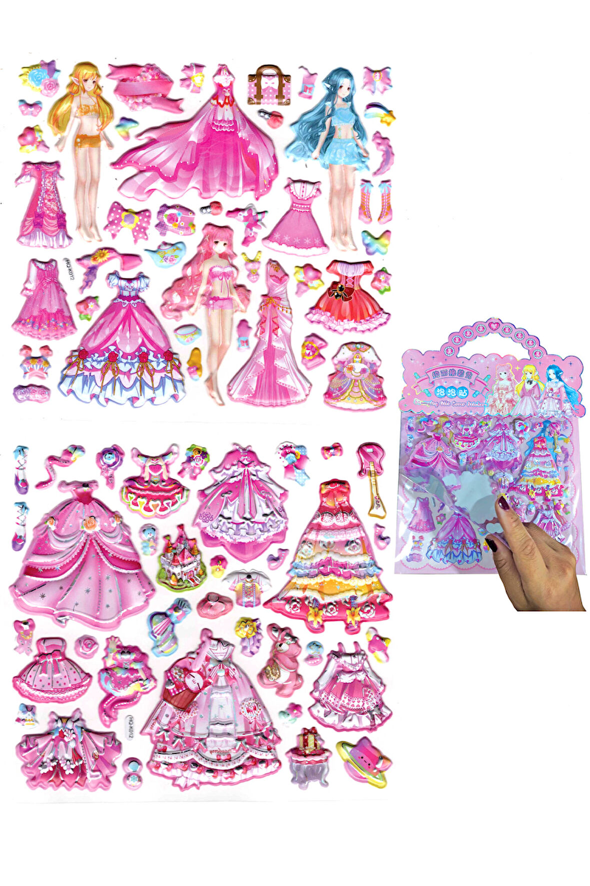 Sticker Kabartmalı Çantalı iki Sayfalı Sticker Seti (HQK012) - 21x17 cm- Fuşya Kız Giydirme