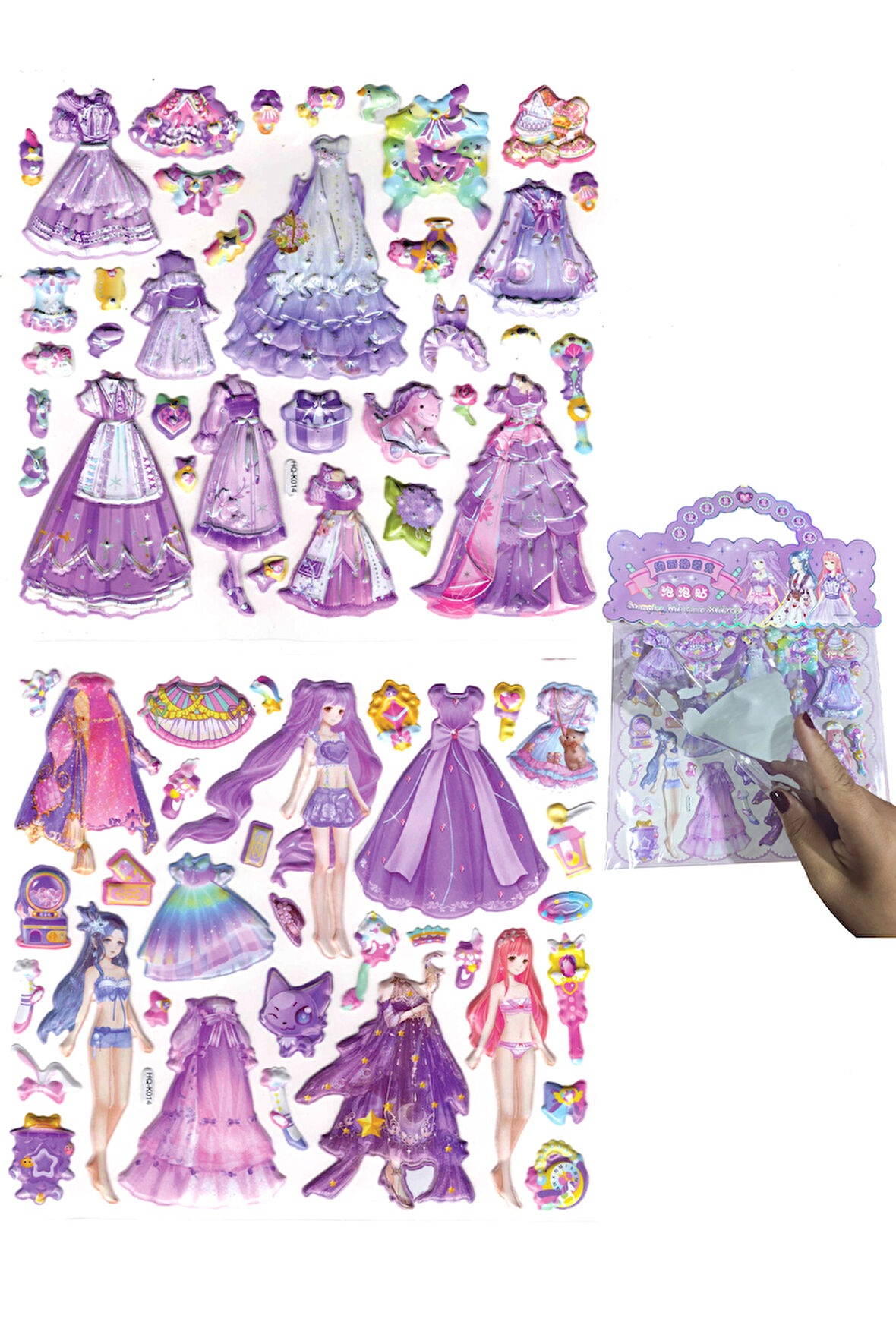 Sticker Kabartmalı Çantalı iki Sayfalı Sticker Seti (HQK014) - 21x17 cm- Lila Kız Giydirme