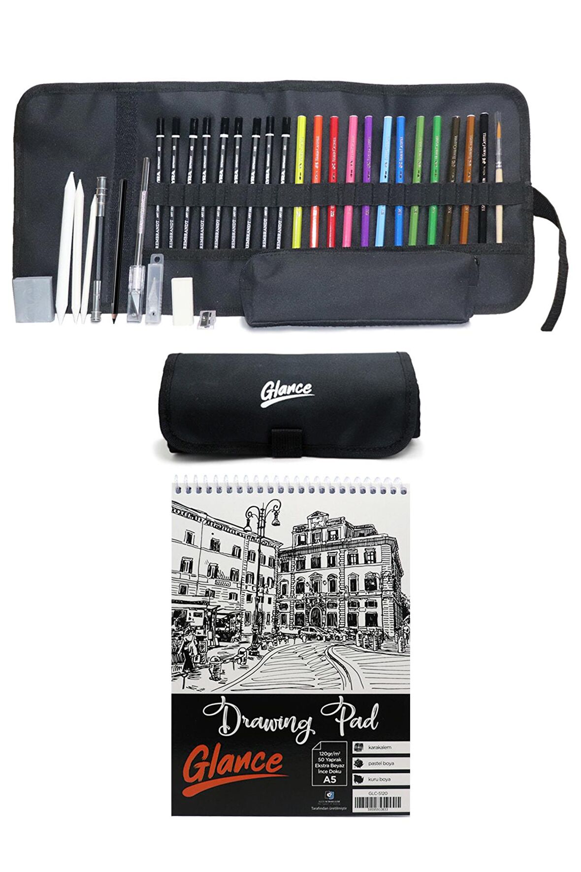 Eskiz Defteri A5 120 gr 50 Yp Faber Watercolor Kuru Boya Lyra Karakalem Rulo Bez Çantalı Eskiz Seti