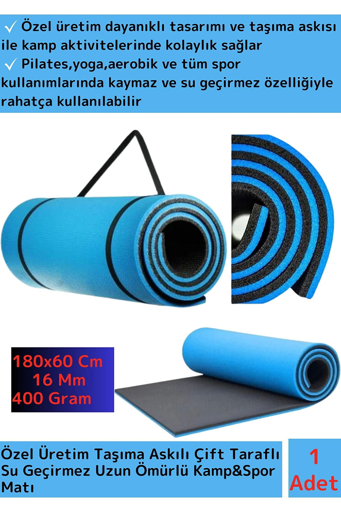 Özel Üretim Su Geçirmez Taşıma Askılı Çift Taraflı Kamp Yoga Pilates Fitness Uyku Matı 16Mm Kalın