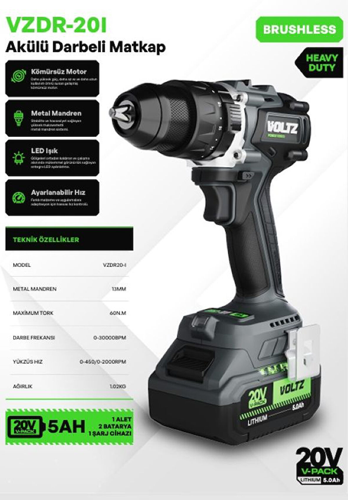 Voltz VZDR-20I Akülü Darbeli Matkap - 60NM - Kömürsüz - Ağır Hizmet - 13 mm Metal Mandren - Led Işık - Aya