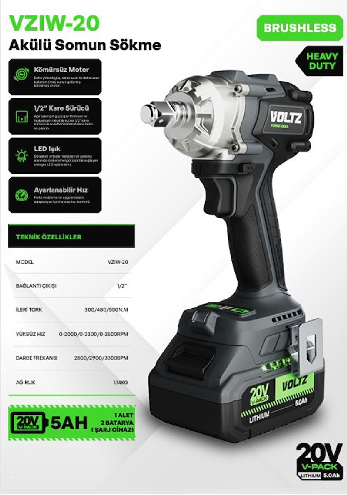 Voltz VZIW-20 Akülü Somun Sökme - Kömürsüz - Ağır Hizmet - 1/2" Kare Sürücü - Led Işık - Ayarlanabilir Hız