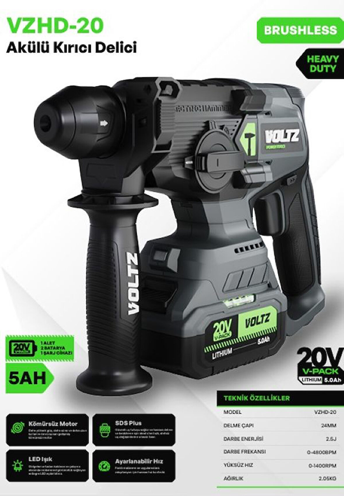 Voltz VZDH-20 Akülü Kırıcı Delici - Kömürsüz - Ağır Hizmet - SDS Plus - Led Işık - Ayarlanabilir Hız