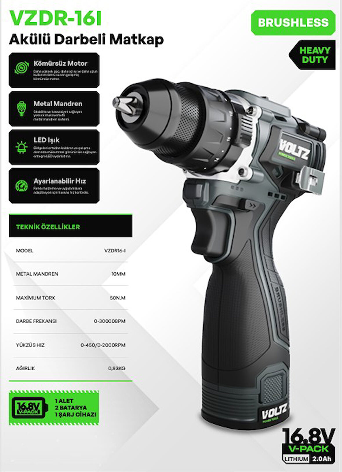 Voltz VZSD-16I Akülü Tornavida - Kömürsüz - Ağır Hizmet - 1/4" Hızlı Değiştirme - Led Işık - Ayarlanabilir