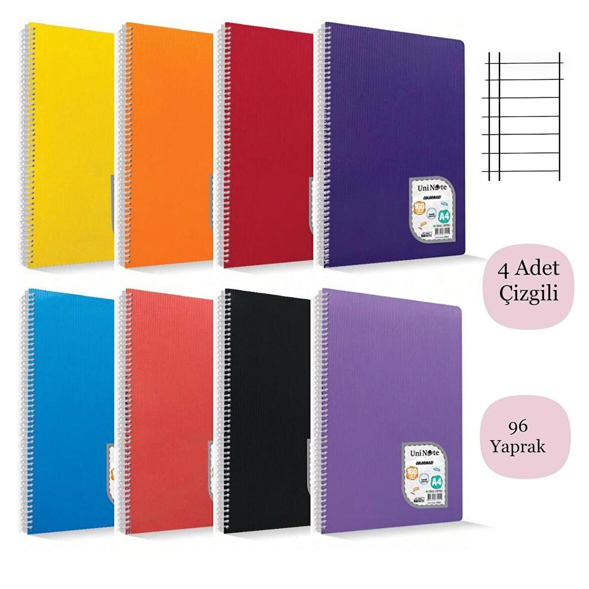 Çınar Colormaxi A4 96 Yaprak Plastik Kapak Spiralli Defter Çizgili 4 Adet