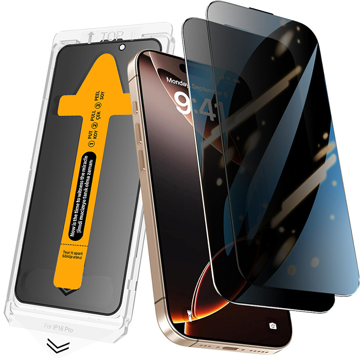 iPhone 14 Privacy Hayalet Temperli 2.5D Oliv Cam Ekran Koruyucu + Kolay Uygulama Aparatı