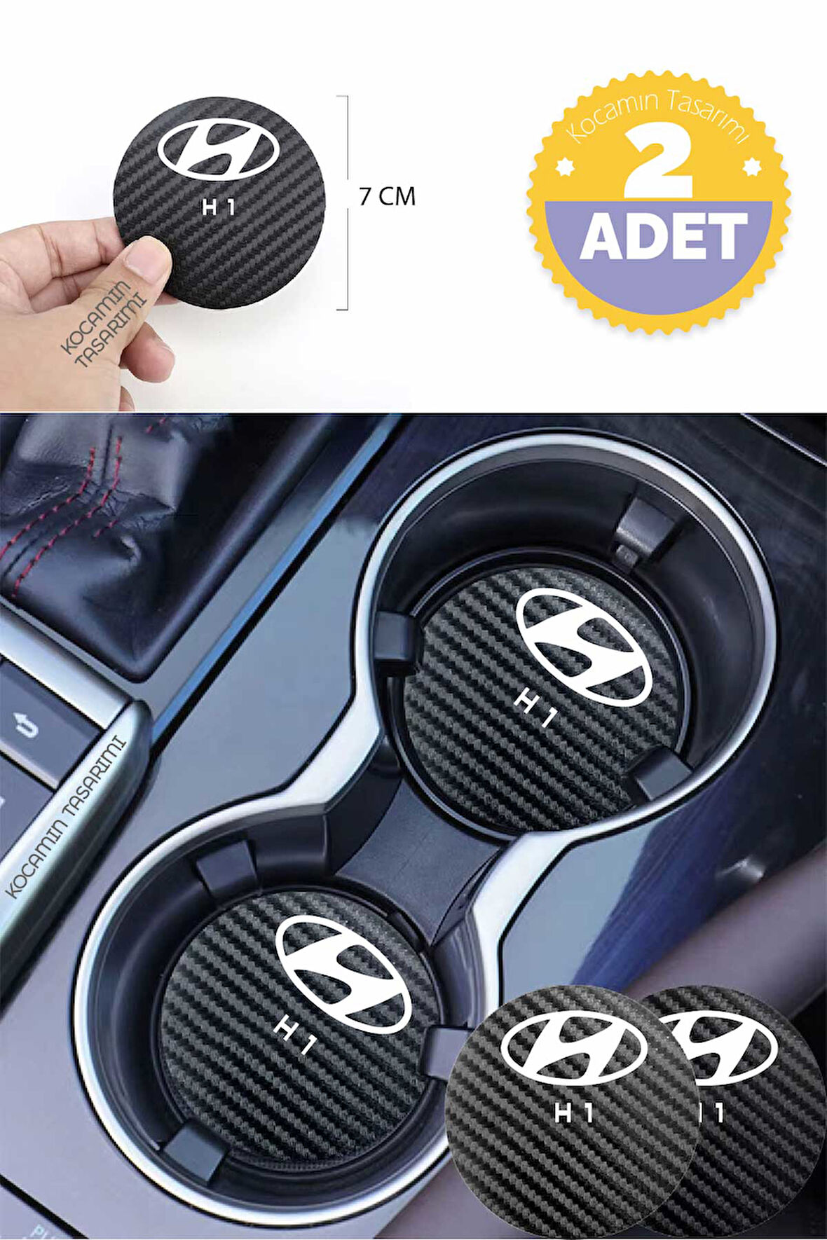 Hyundai H 1 Yazılı Karbon Araç Bardak Altlığı Hyundai H 1 Modeli İçin 7 cm Şık Tasarım 2 Adet