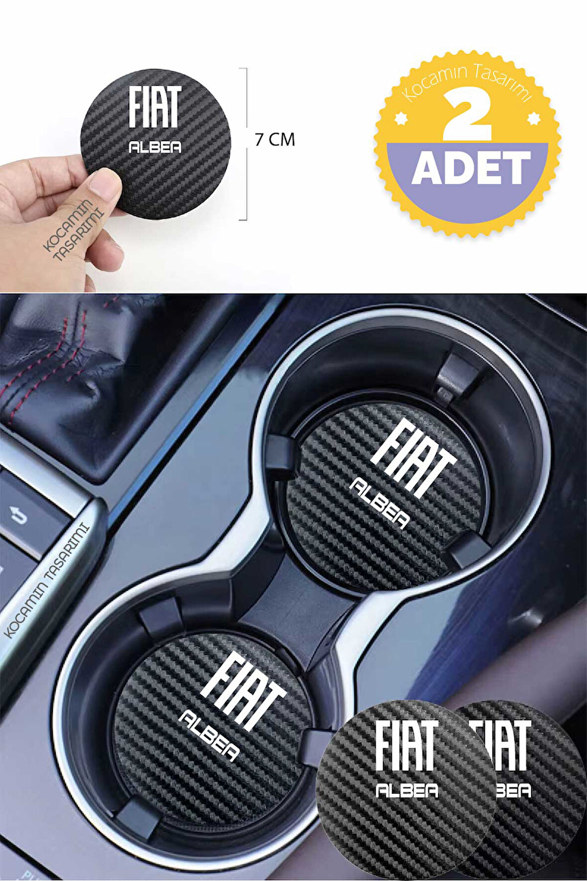 Fiat Albea Yazılı Karbon Araç Bardak Altlığı Fiat Albea Modeli İçin 7 cm Şık Tasarım 2 Adet