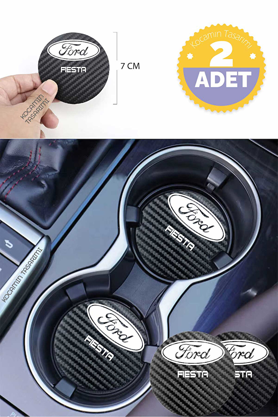 Ford Fiesta Yazılı Karbon Araç Bardak Altlığı Ford Fiesta Modeli İçin 7 cm Şık Tasarım 2 Adet