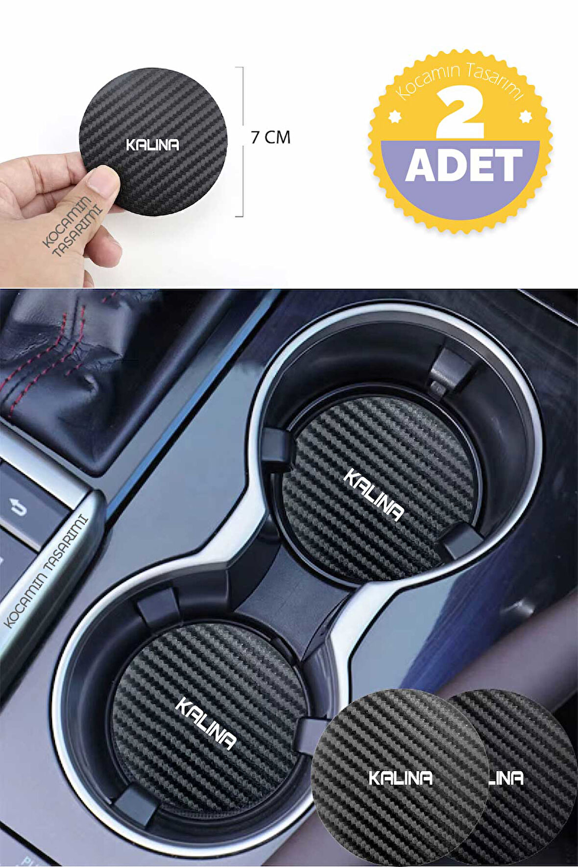 Lada Kalina Siyah Karbon Bardak Altlığı Lada Armalı Kalina Yazılı 7 cm Dayanıklı Özel Tasarım 2 Adet