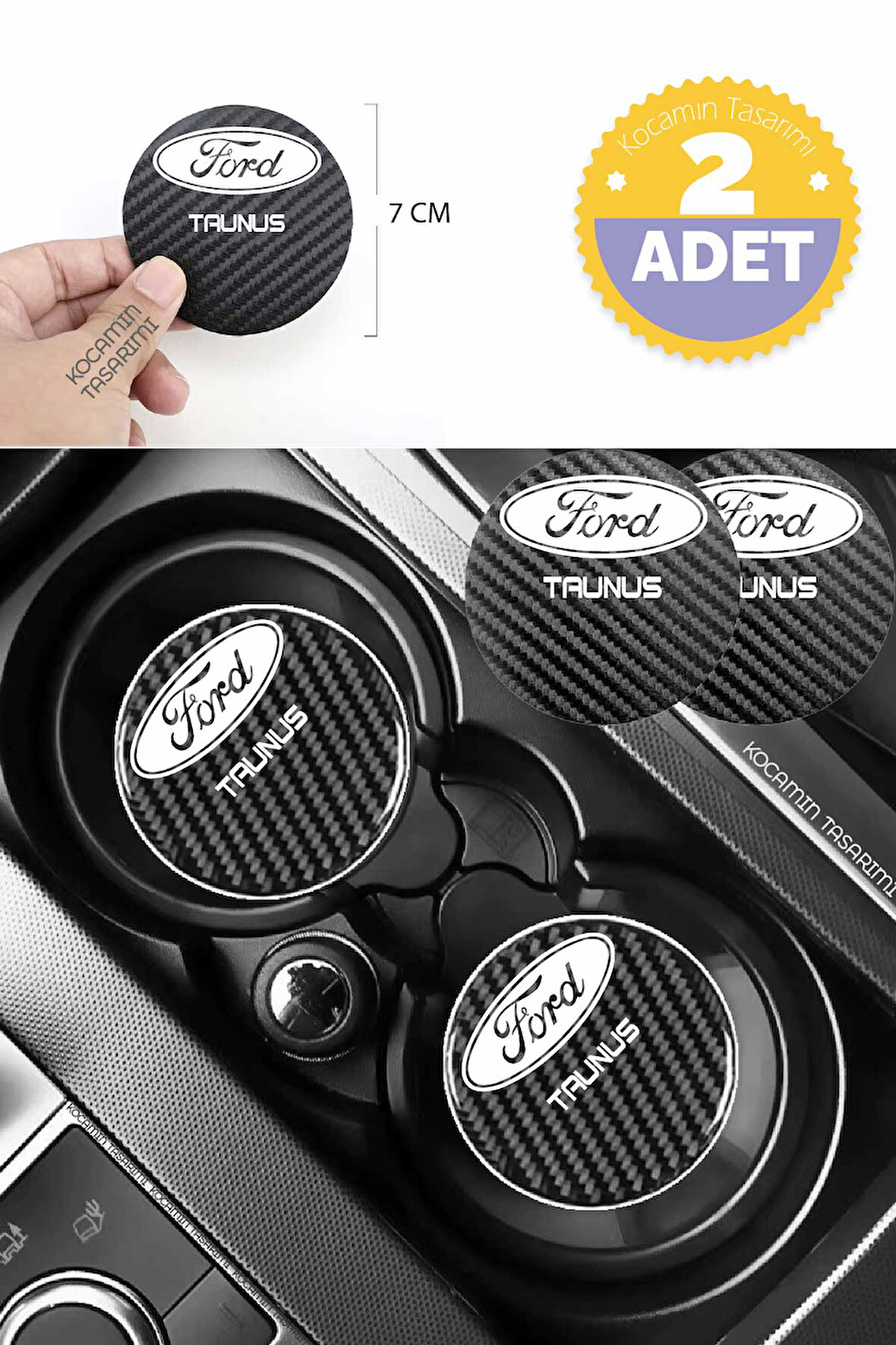 Ford Taunus Siyah Karbon Bardak Altlığı 2 Adet Ford Logolu Taunus Yazılı 7 cm İçin Özel Tasarım