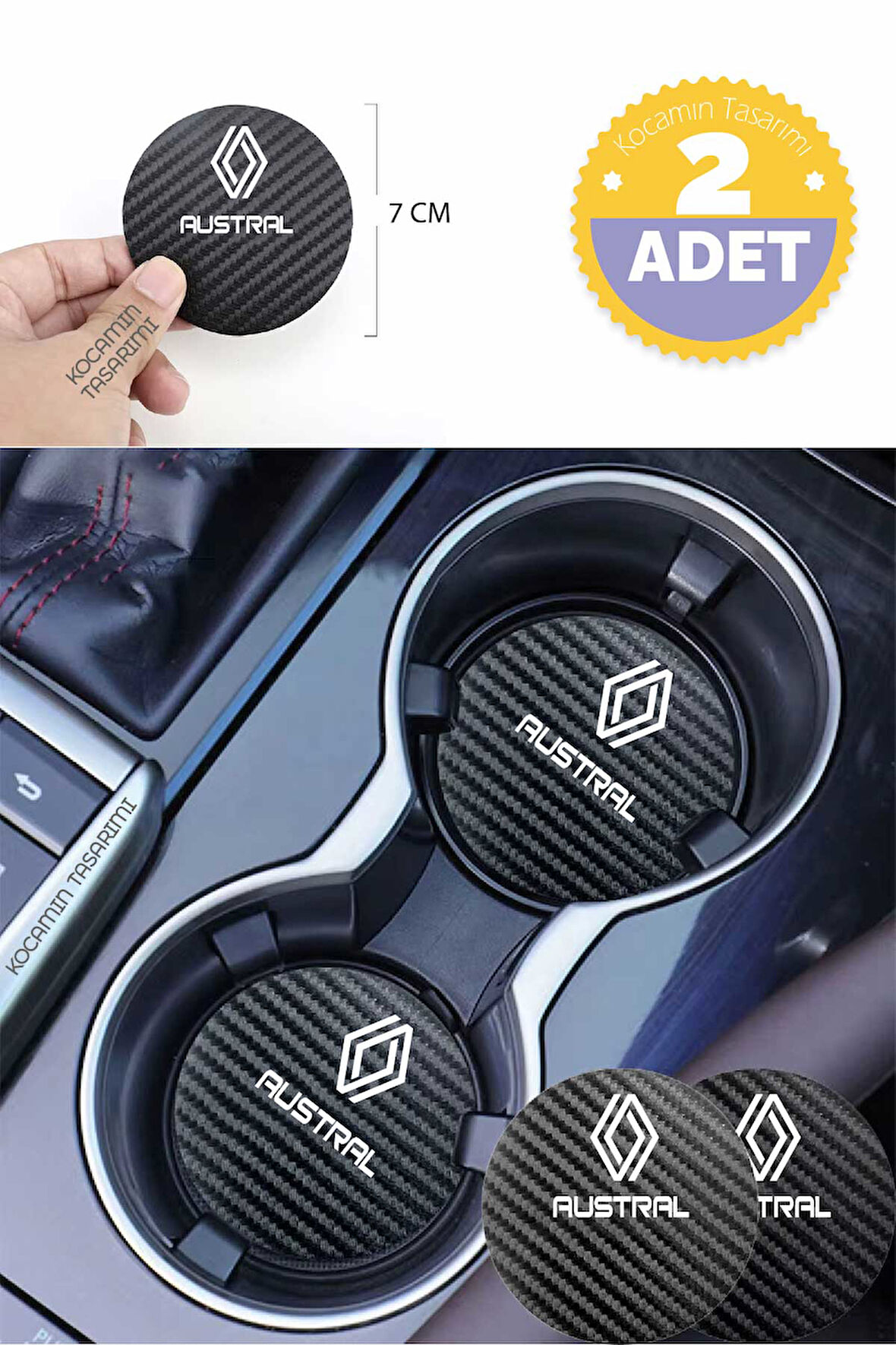 Renault Austral Siyah Karbon 7 cm Bardak Altlığı Renault Austral Özel Dayanıklı ve Şık Tasarım 2 Adet