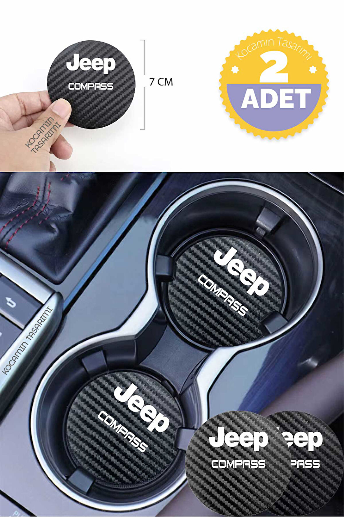 Karbon Desenli Jeep Compass Bardak Altlığı Jeep Compass İç Mekanı İçin Spor 7 cm Tasarımı 2 Adet