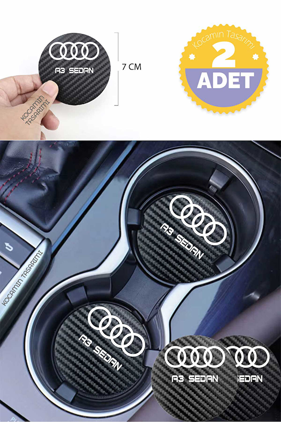 Audi A3 Sedan Yazılı Siyah Karbon Araç Bardak Altlığı Audi Logolu A3 Sedan İçin Şık ve Spor 7 cm Tasarım 2 Adet