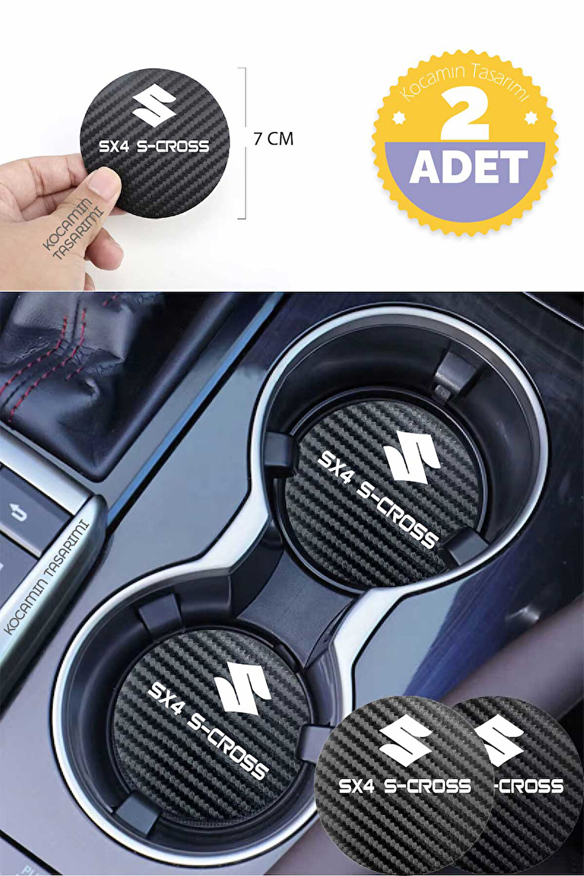 Suzuki SX4 S-Cross Yazılı Siyah Karbon Araç Bardak Altlığı Suzuki Logolu SX4 S-Cross İçin Şık ve Spor 7 cm Tasarım 2 Adet