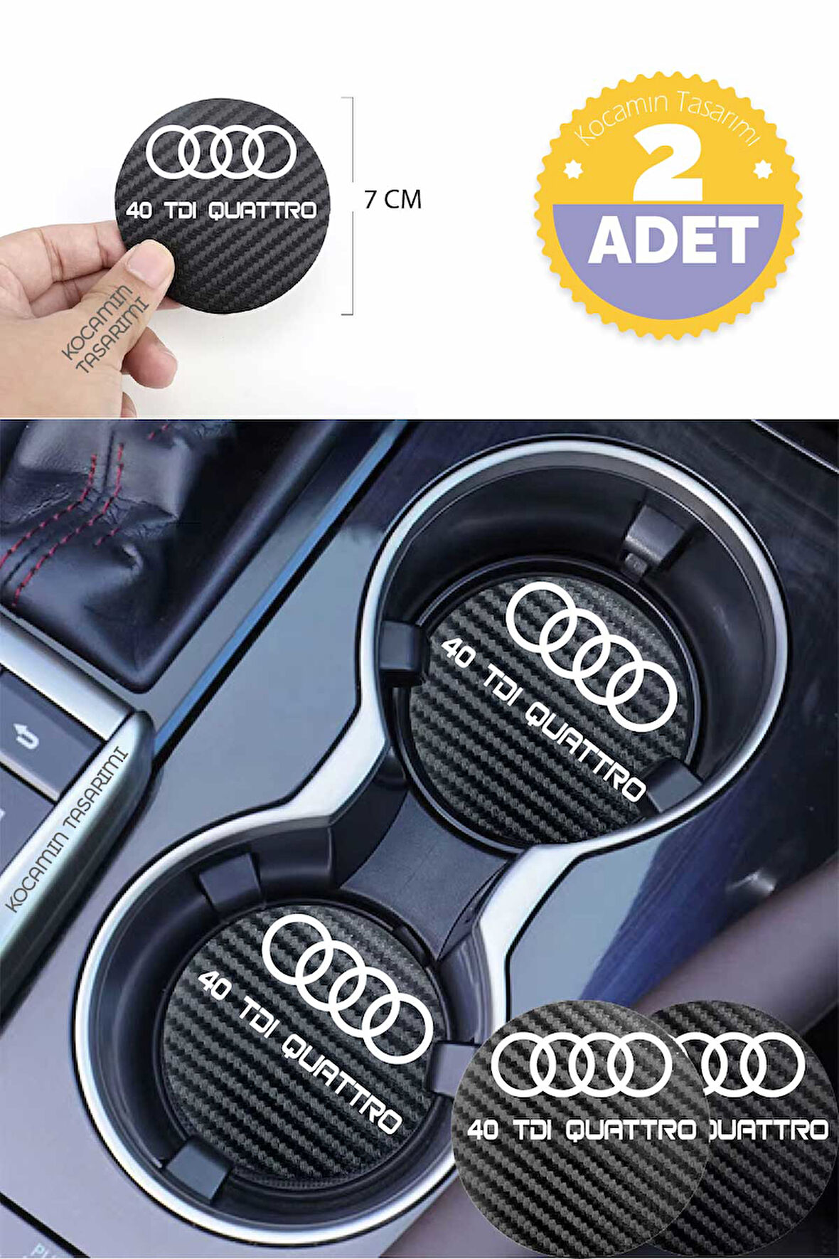 Audi 40 TDI Quattro Siyah Karbon Bardak Altlığı Audi Armalı 40 TDI Quattro Yazılı 7 cm Dayanıklı Özel Tasarım 2 Adet