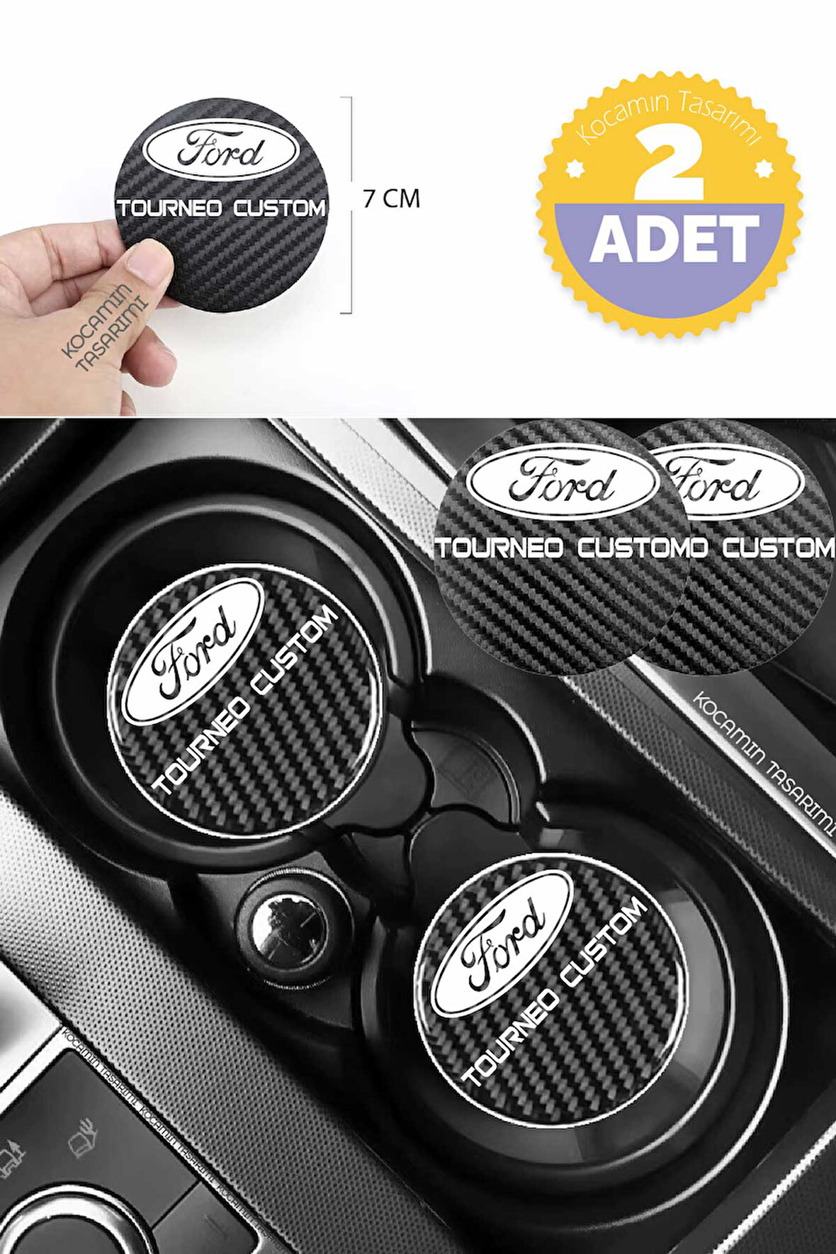 Ford Tourneo Custom Yazılı Karbon Bardak Altlığı Ford Armali Tourneo Custom İçin Spor ve Şık 7 cm 2 Adet Tasarım