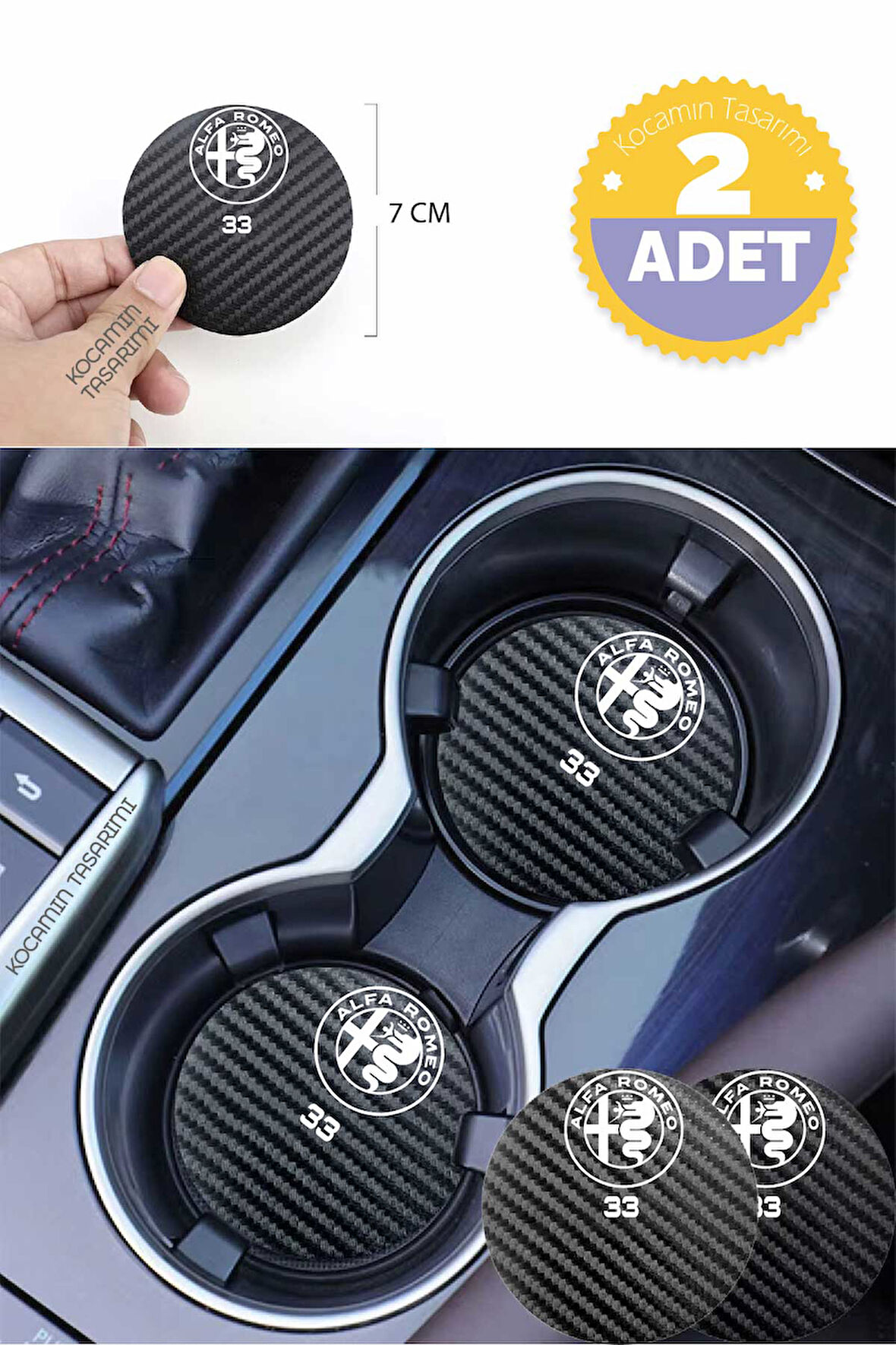 Alfa Romeo 33 7 cm Karbon Araç Bardak Altlığı Alfa Romeo 33 Yazılı Şık ve Dayanıklı Tasarım 2 Adet