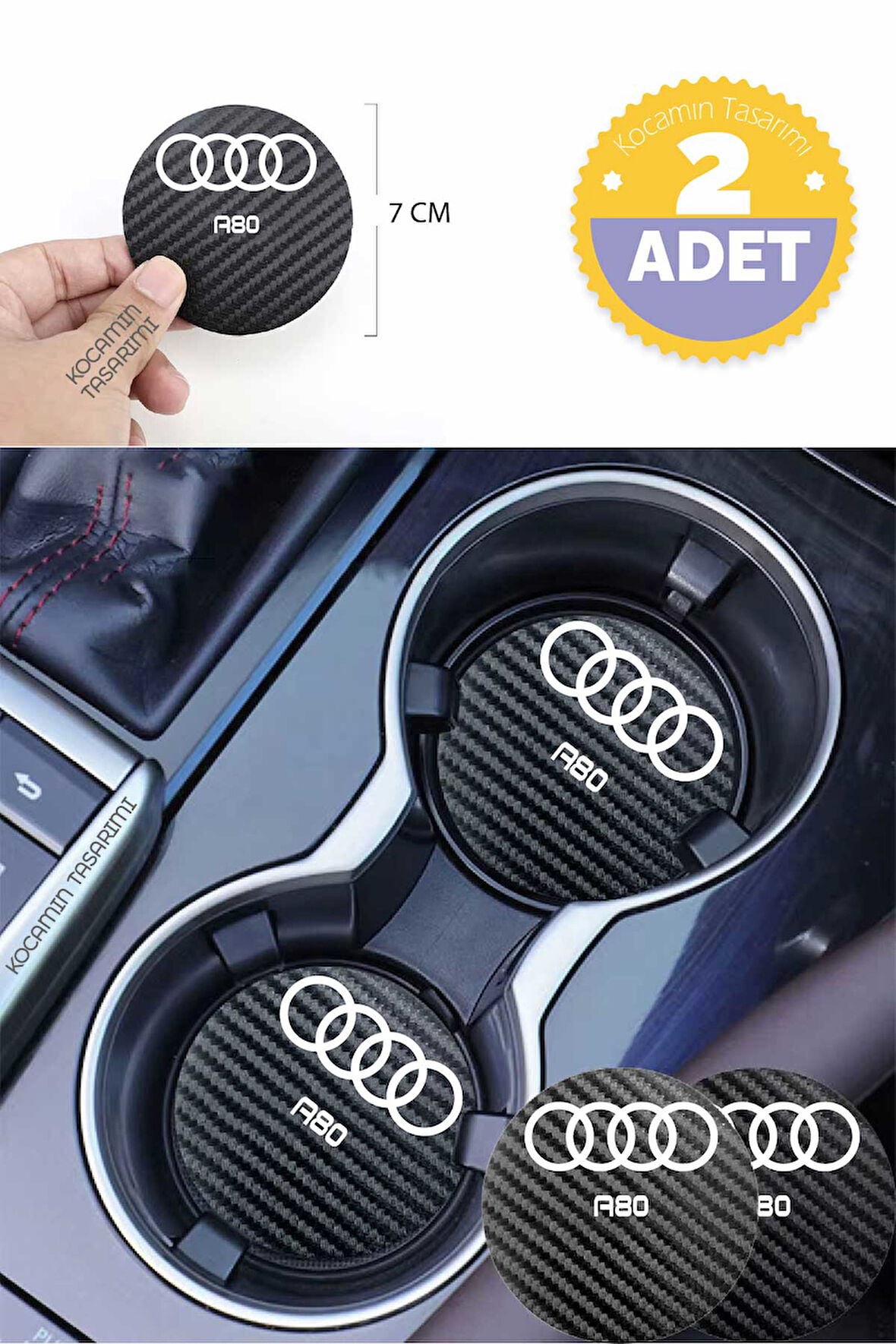 Audi A80 Yazılı Karbon Araç Bardak Altlığı Audi A80 Modeli İçin 7 cm Şık Tasarım 2 Adet