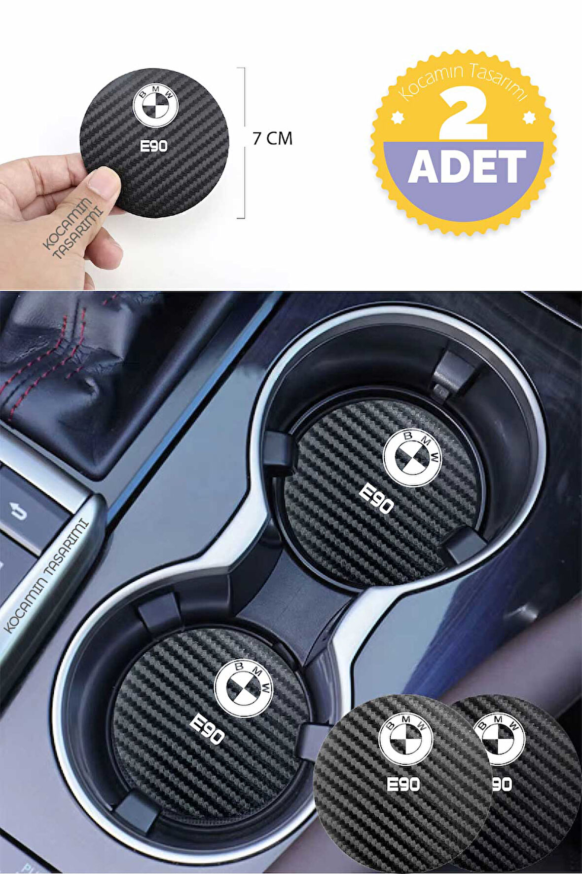 Bmw E90 Yazılı Siyah Karbon Araç Bardak Altlığı Bmw Logolu E90 İçin Şık ve Spor 7 cm Tasarım 2 Adet