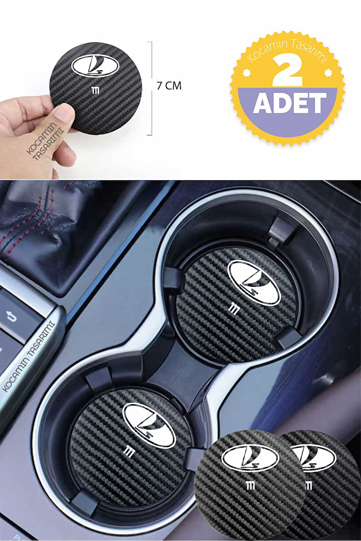Lada 111 Yazılı Siyah Karbon Araç Bardak Altlığı Lada Logolu 111 İçin Şık ve Spor 7 cm Tasarım 2 Adet