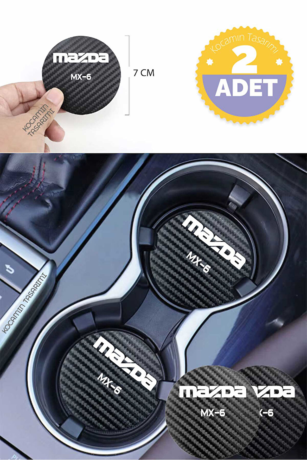 Mazda MX-6 Siyah Karbon Araç Bardak Altlığı Mazda Logolu MX-6 Özel Üretim 2 Adet 7 cm