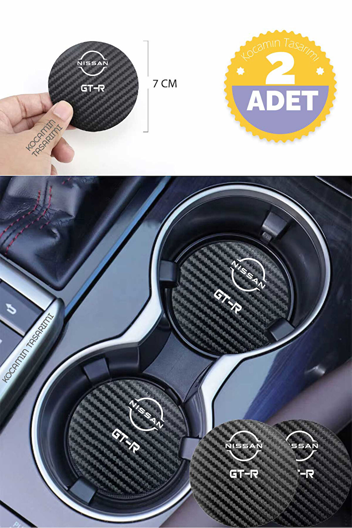 Nissan GT-R Yazılı Karbon Araç Bardak Altlığı Nissan GT-R Modeli İçin 7 cm Şık Tasarım 2 Adet