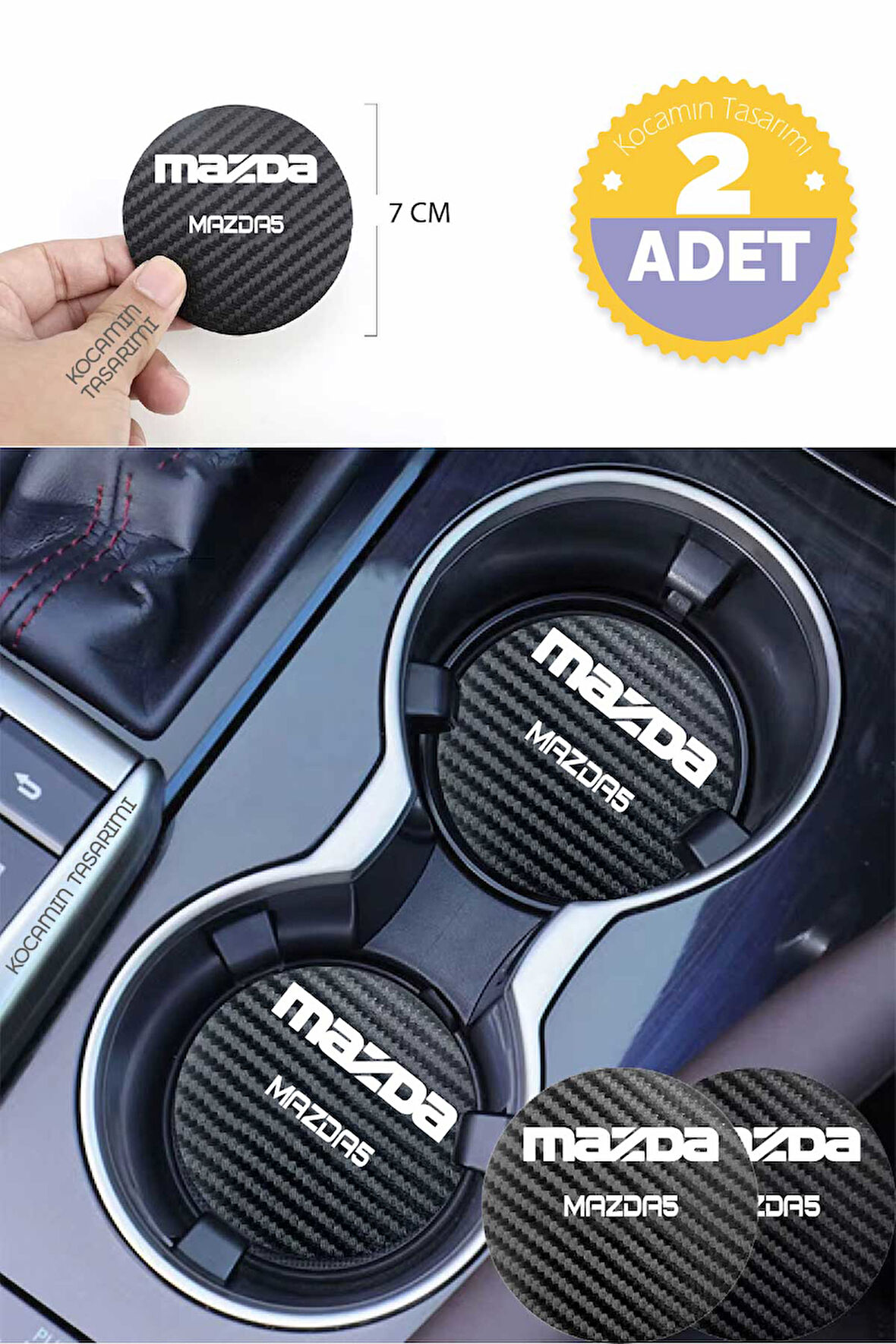 Mazda Mazda5 7 cm Karbon Araç Bardak Altlığı Mazda Mazda5 Yazılı Şık ve Dayanıklı Tasarım 2 Adet