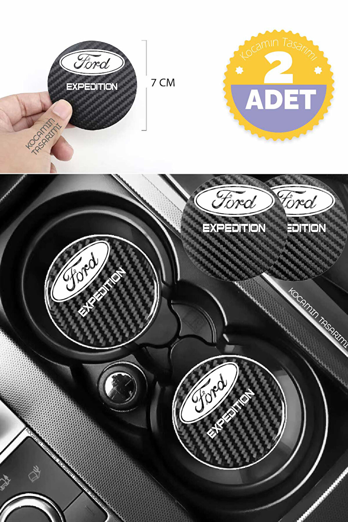 Ford Expedition Siyah Karbon Bardak Altlığı 2 Adet Ford Logolu Expedition Yazılı 7 cm İçin Özel Tasarım