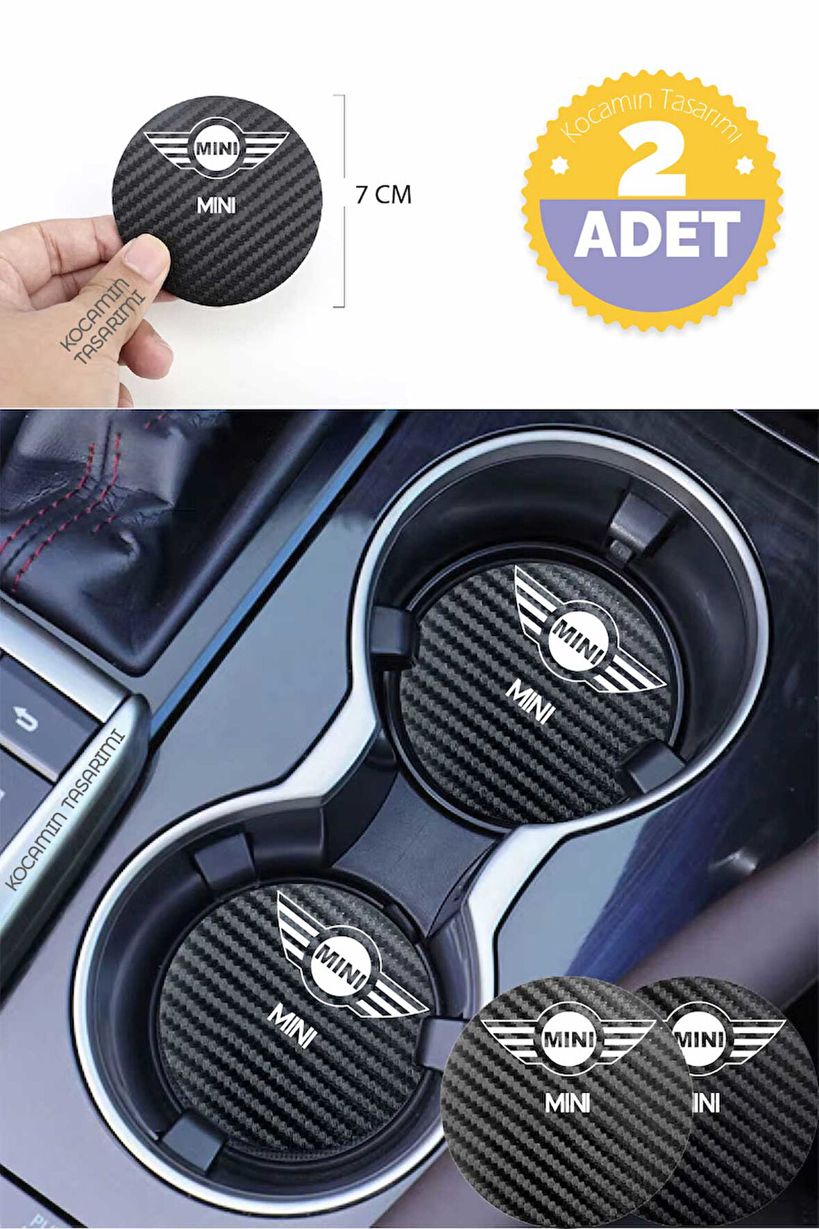 Mini Uyumlu Otomobil İçin Siyah Karbon Bardak Altlığı Mini Uyumlu İçin Dayanıklı ve Şık 7 cm Tasarım 2 Adet
