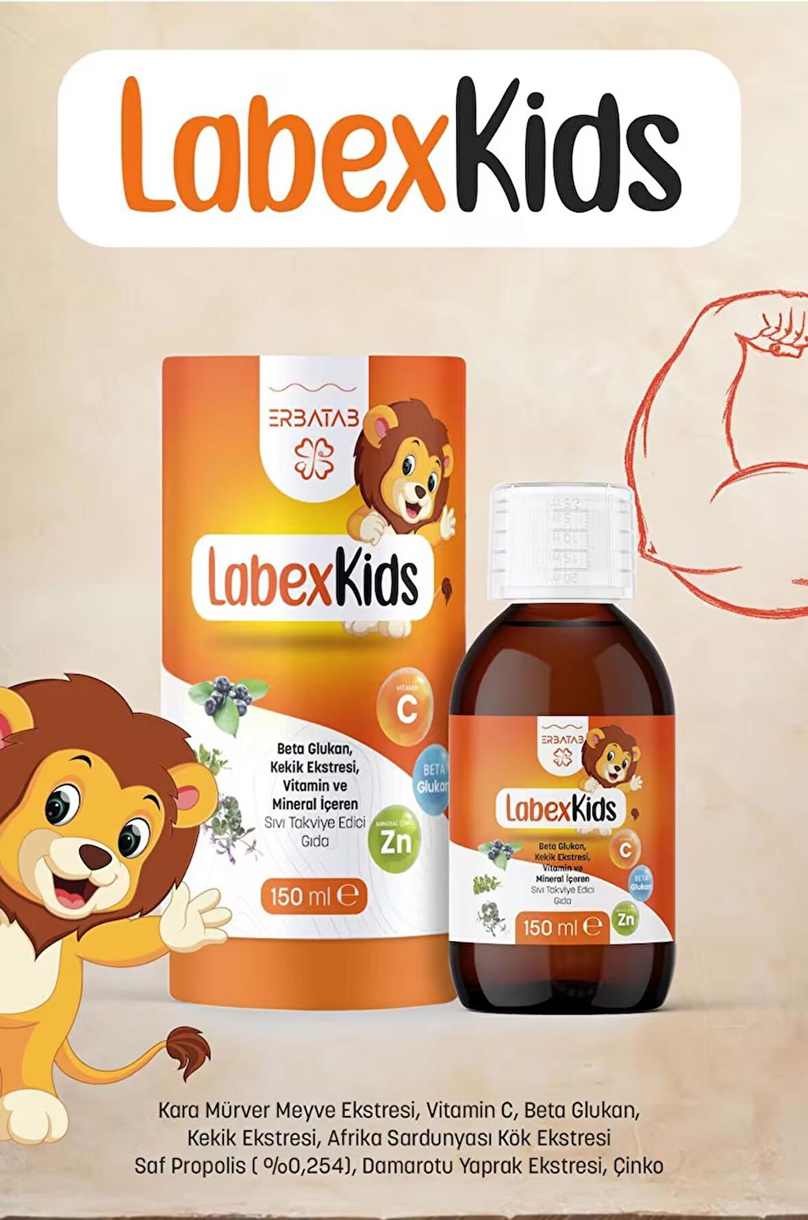 Erbatab Labex Kids Çinko Kekik Beta Glukan Karamürver Çocuk Multivitamin Şurup 150 ML