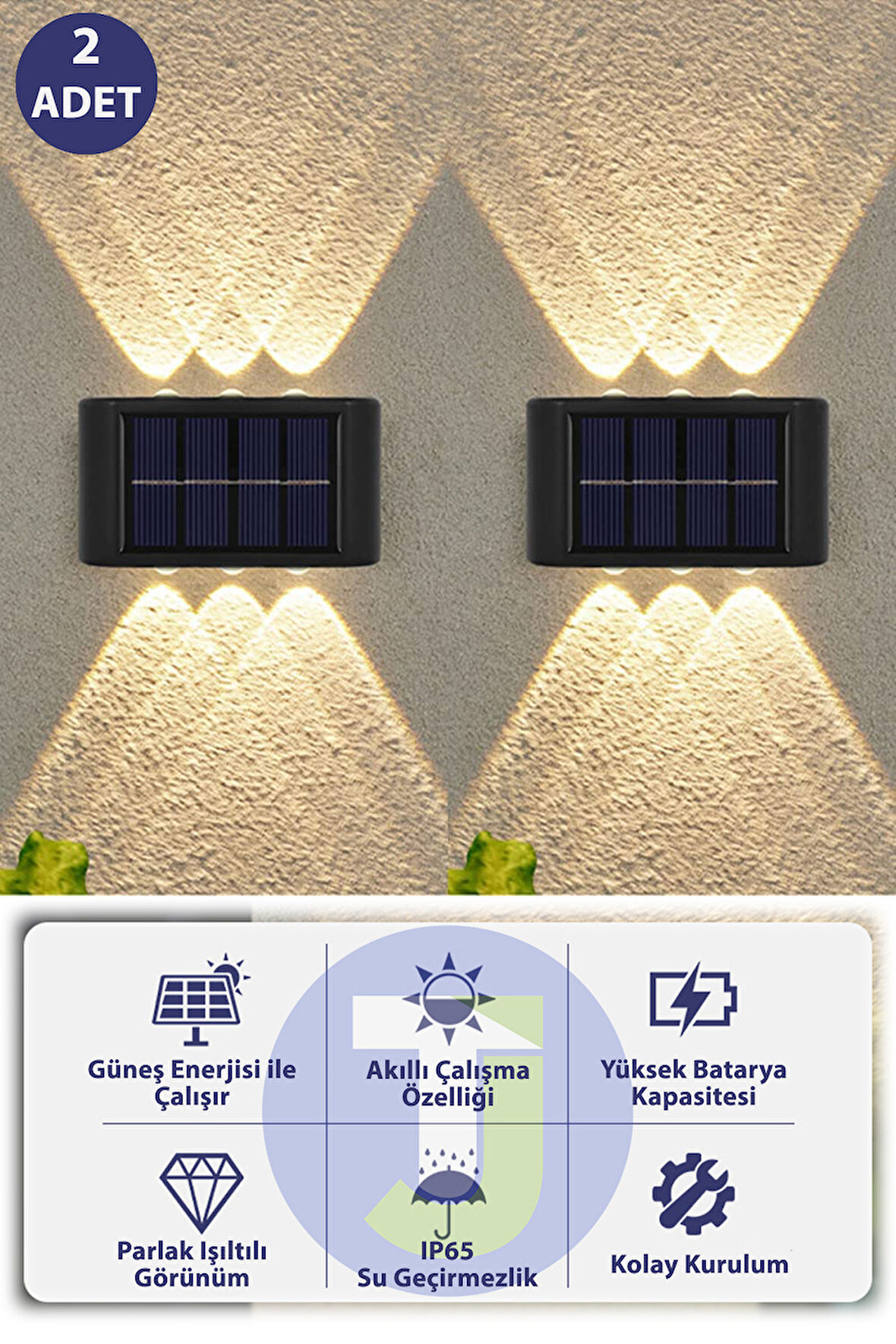 Technojet Modern Solar Güneş Enerjili 6 Ledli Bahçe Aydınlatması Aplik Sarı Işık Led Lamba (2 Adet)