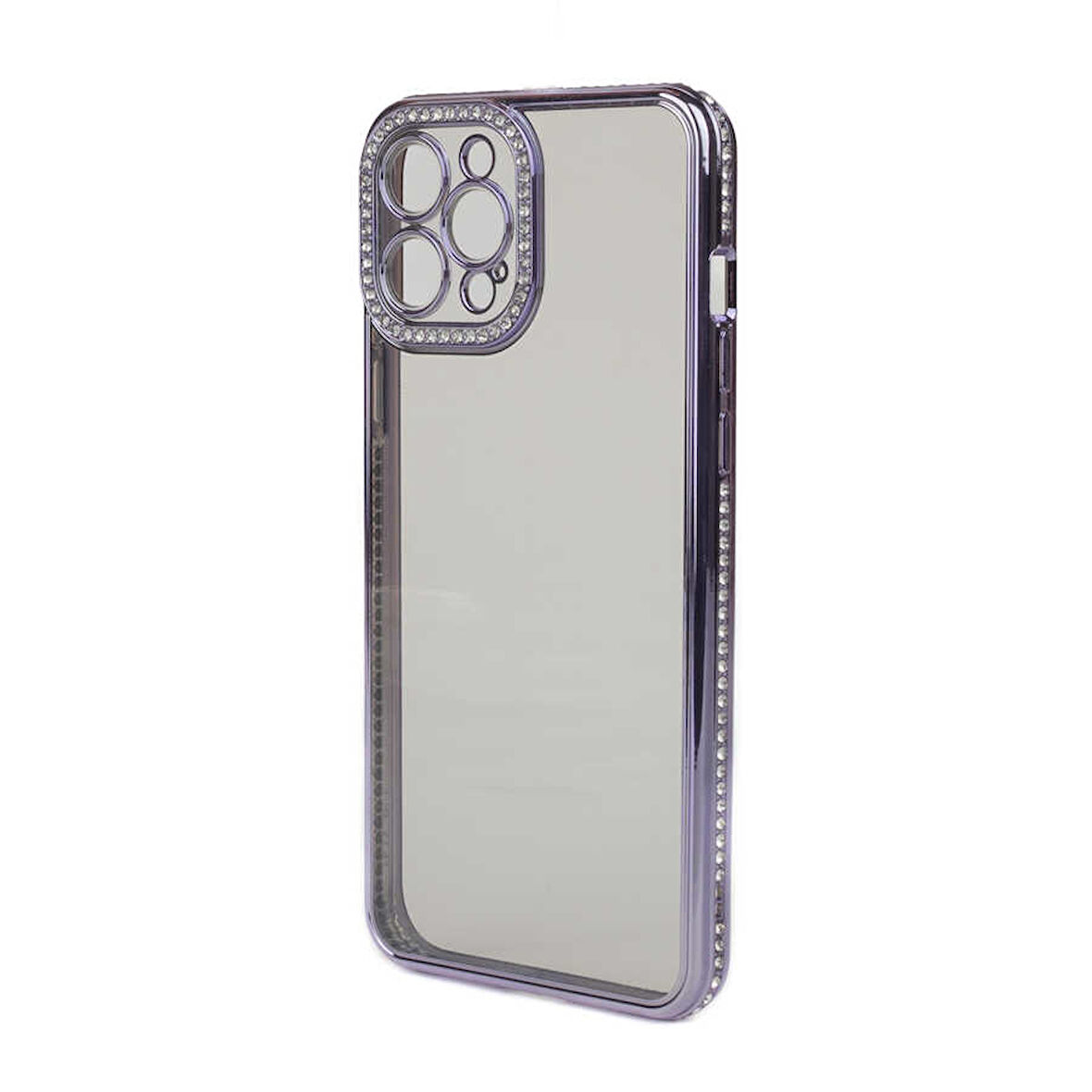 iPhone 12 Pro Max Kılıf Şeffaf Arka Yüzey Kamera ve Kenarları Taşlı Silikon