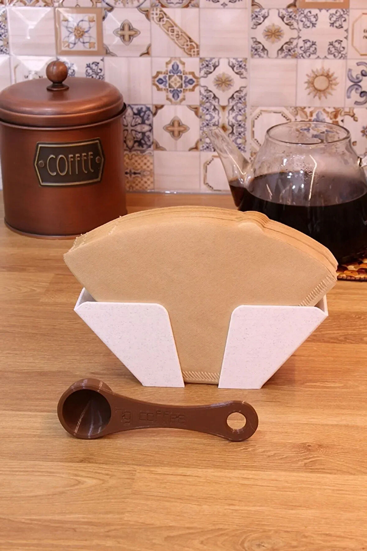 Kahve Filtre Kağıdı Tutucu Düzenleyici Asılabilir Stand Granit Beyaz Ve 7 gr Kahve Ölçü Kaşığı