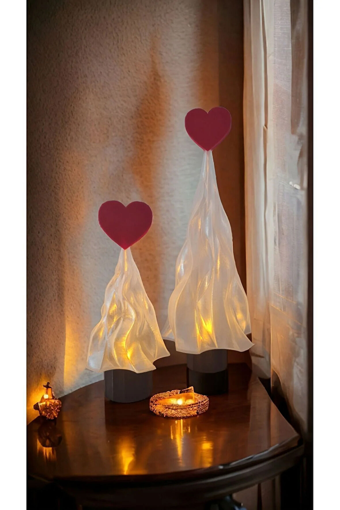 Led Mum Işıklı Sevgililer Günü Kalpli Çam Ağacı Dekoratif Biblo 17cm & 25cm 2li Set