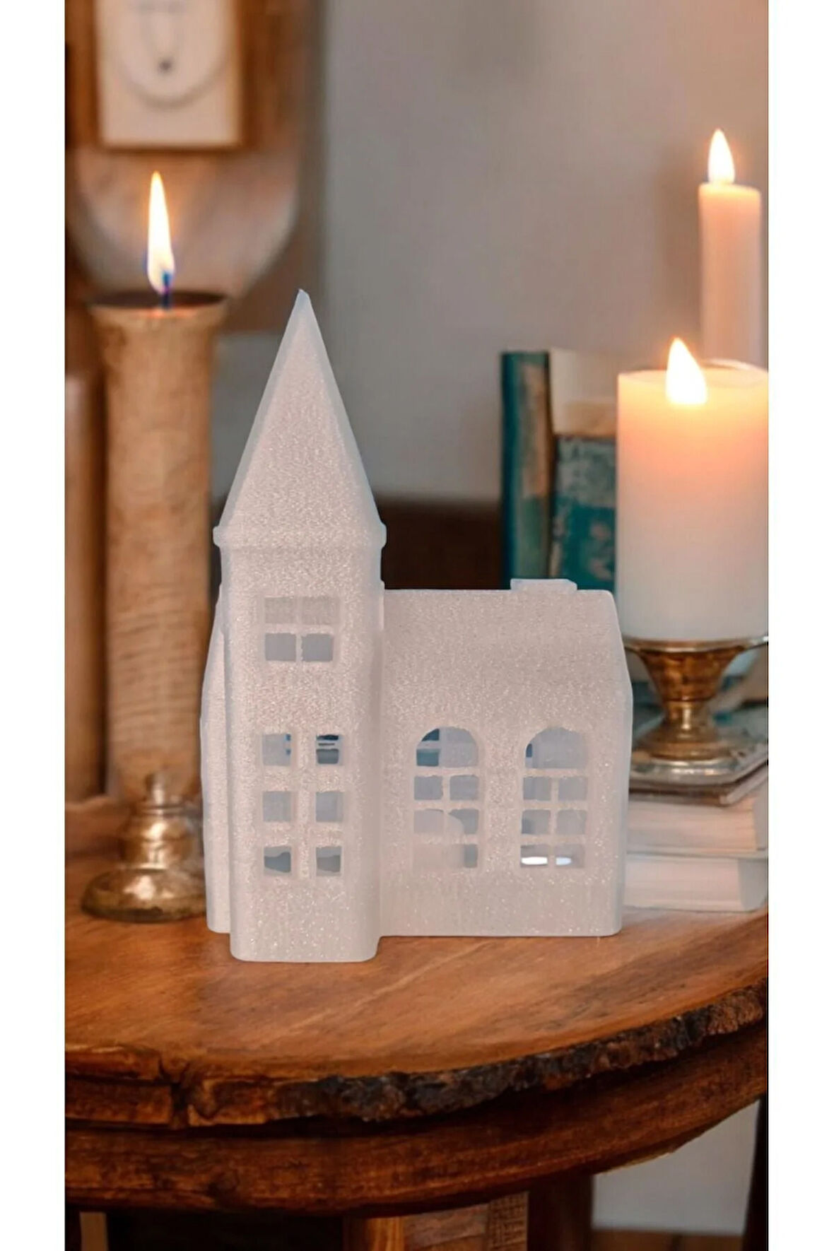 Yılbaşı Temalı Işıklı Kale Alev Efektli Led Mum Işıklı Saat Kulesi Kilise Mini Ev Dekoratif Biblo