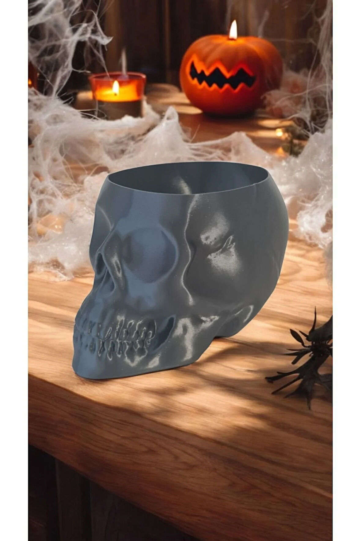 Halloween Cadılar Bayramı Dekoru Süsü Kuru Kafa Skull Kase Dekoratif Obje Siyah