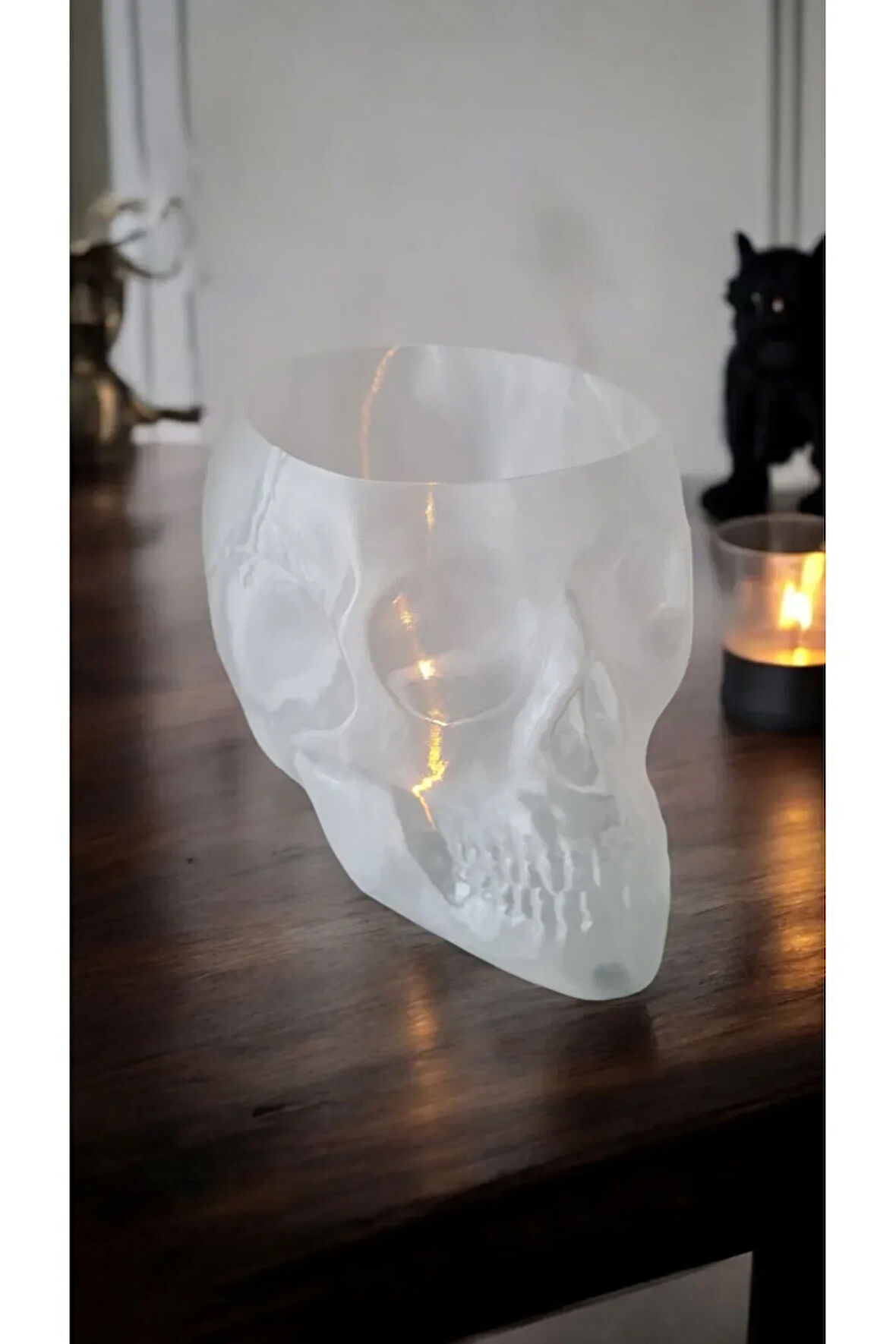 Halloween Cadılar Bayramı Dekoru Süsü Led Mumlu Kuru Kafa Skull Kase Dekoratif Obje Yarı Saydam