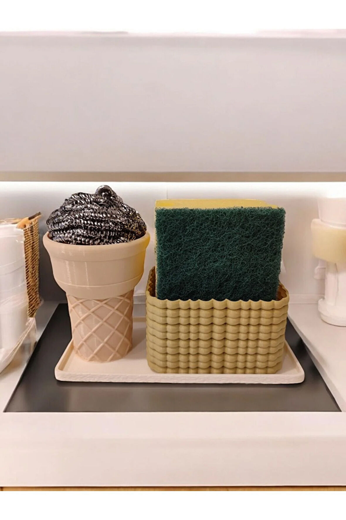 Tepsili Bisküvi Sünger Kutusu Dondurma Külahı Bulaşık Teli Tutucu Dekoratif Mutfak Düzenleyici