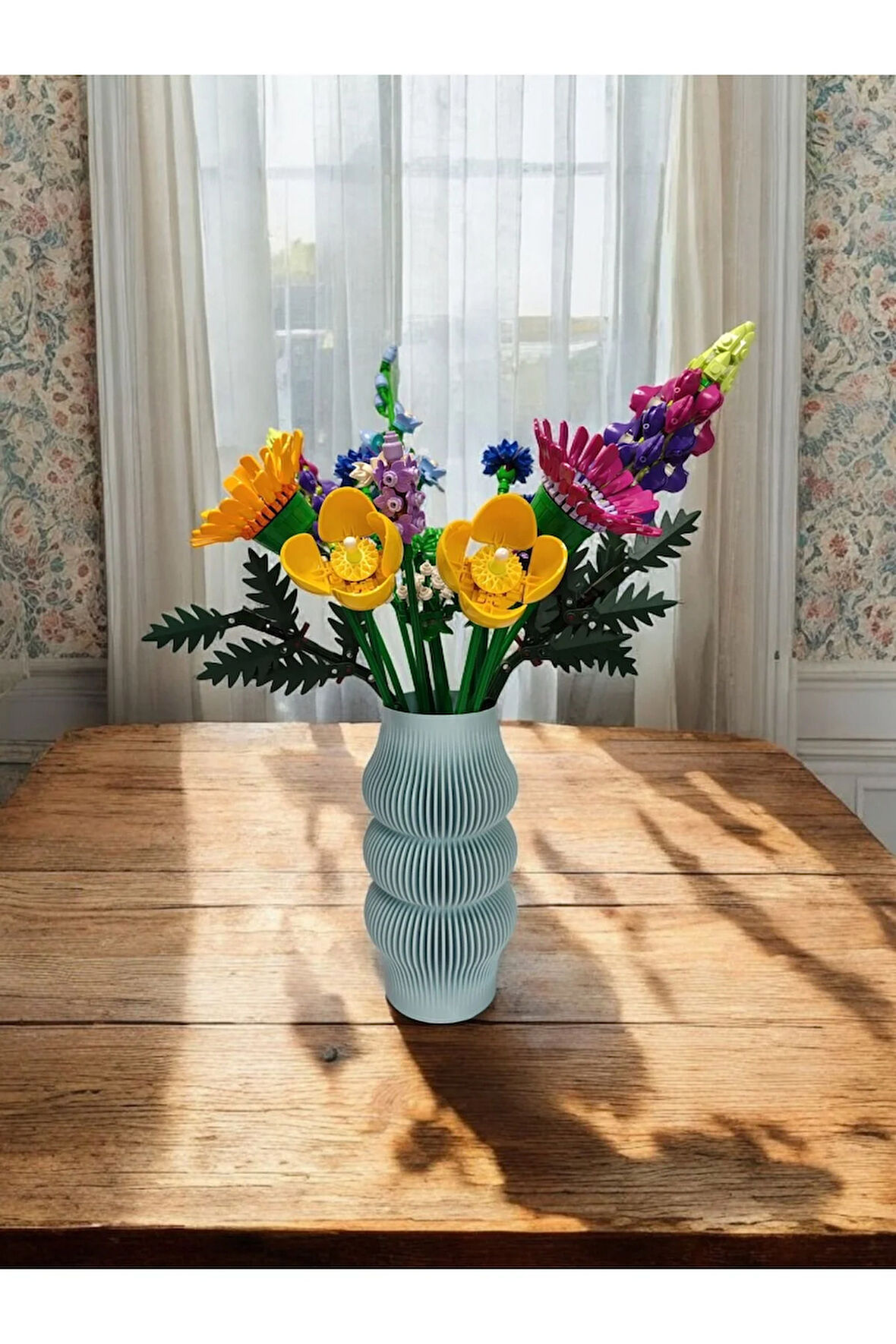 Bohem Şık Çizgili Iskandinav Tarz Özel Tasarım Dekoratif Vazo Biyoplastik Pastel Mavi