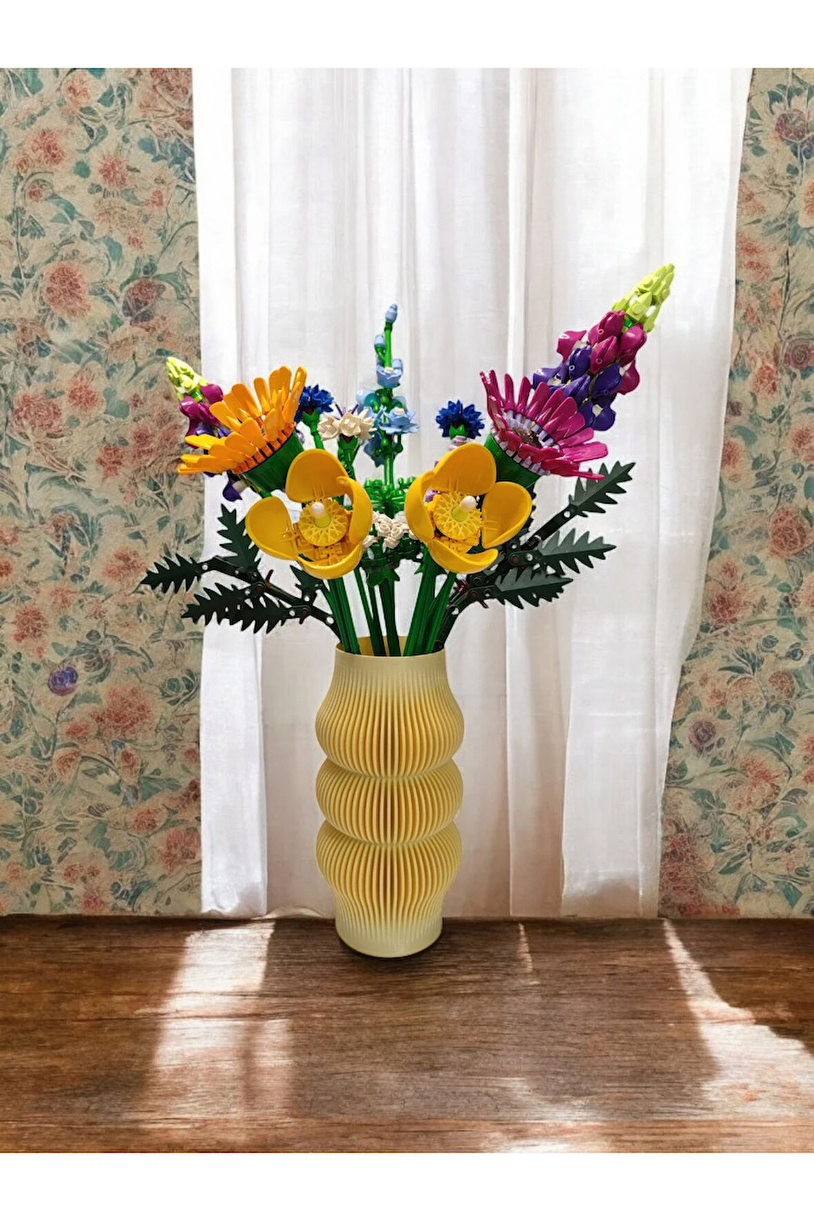 Bohem Şık Çizgili Iskandinav Tarz Özel Tasarım Dekoratif Vazo Biyoplastik Pastel Sarı