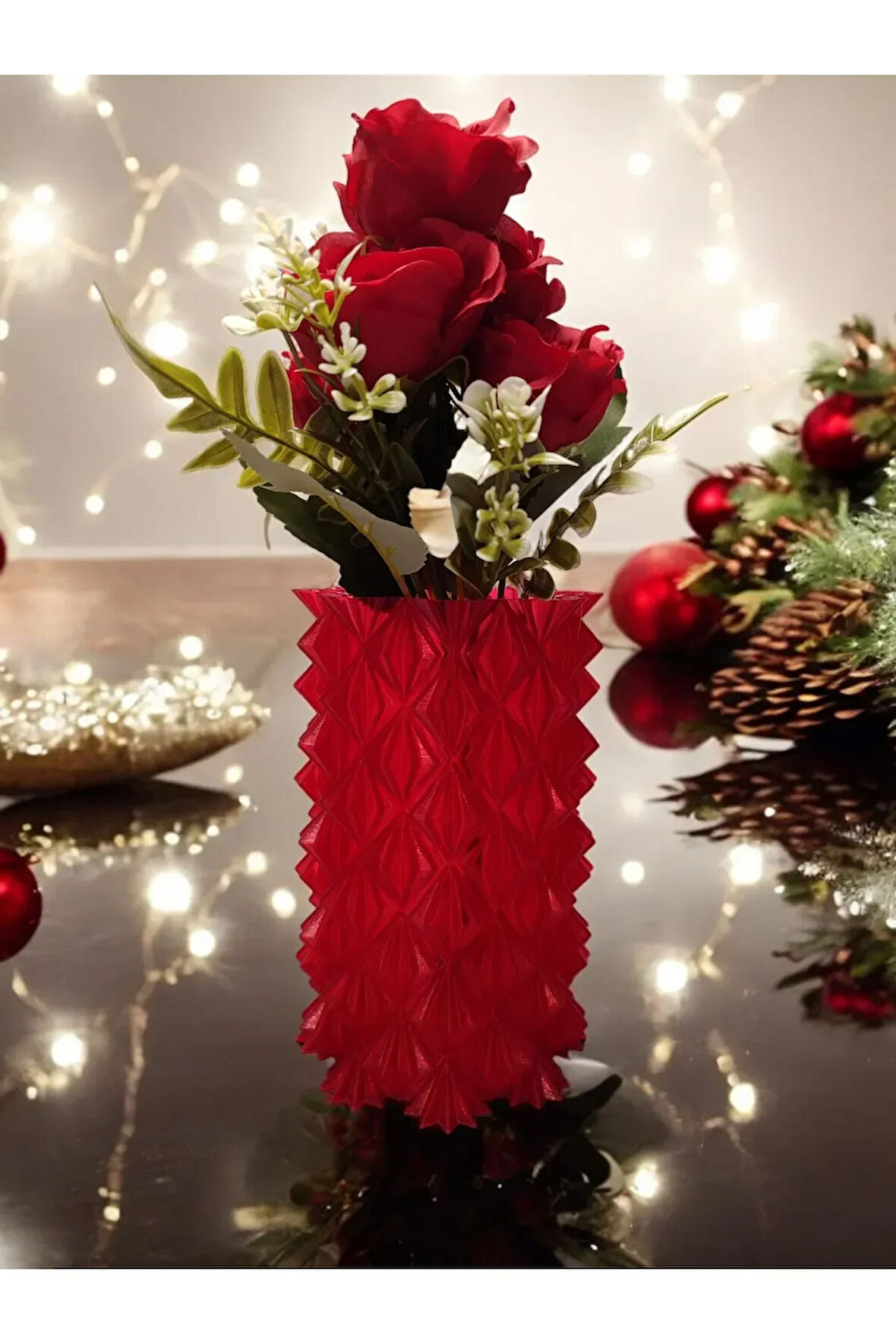 3 Boyutlu Kristal Tasarım Dekoratif Vazo Biyoplastik Transparan Kırmızı