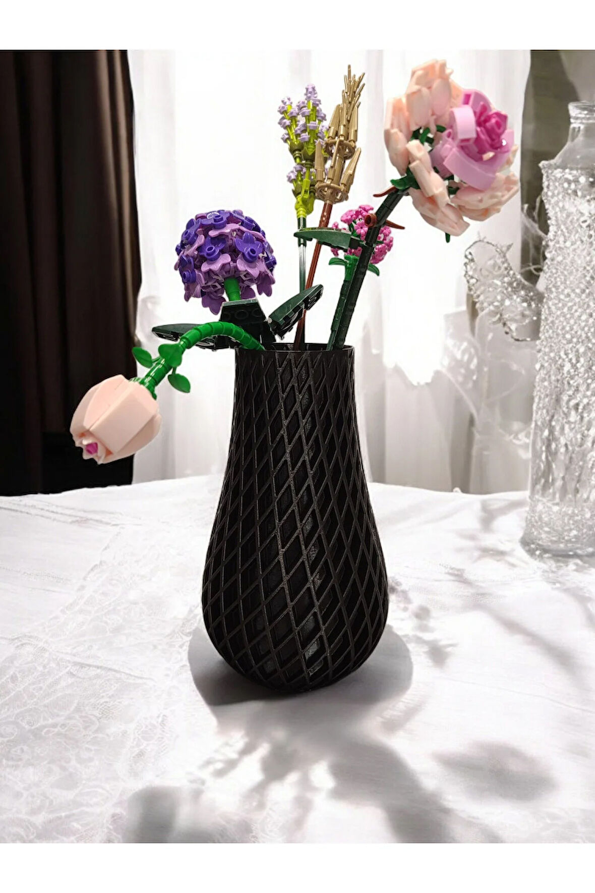 Karo Desenli İskandinav Tarz Özel Tasarım Dekoratif Vazo Biyoplastik Siyah