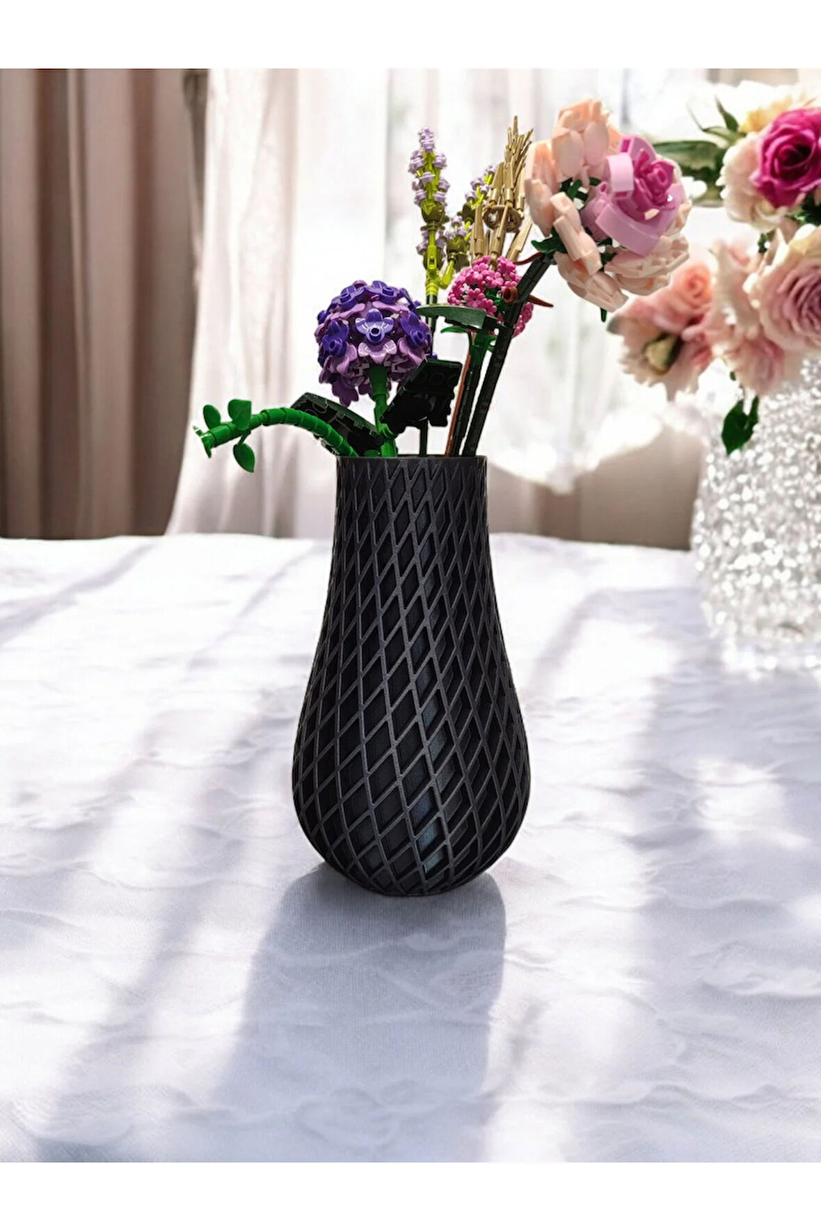 Karo Desenli İskandinav Tarz Özel Tasarım Dekoratif Vazo Biyoplastik Retro Mavi