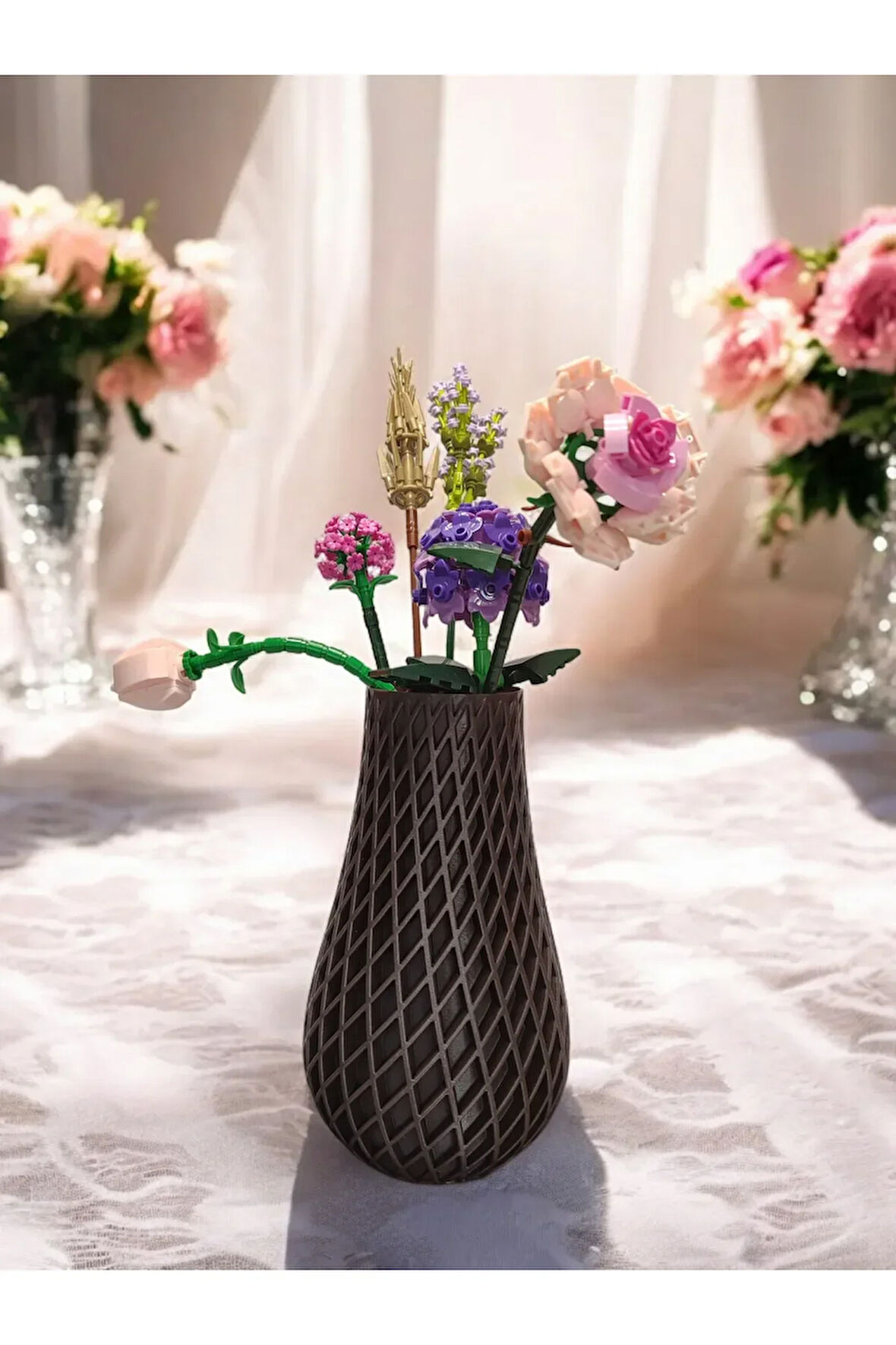 Karo Desenli İskandinav Tarz Özel Tasarım Dekoratif Vazo Biyoplastik Retro Kahve