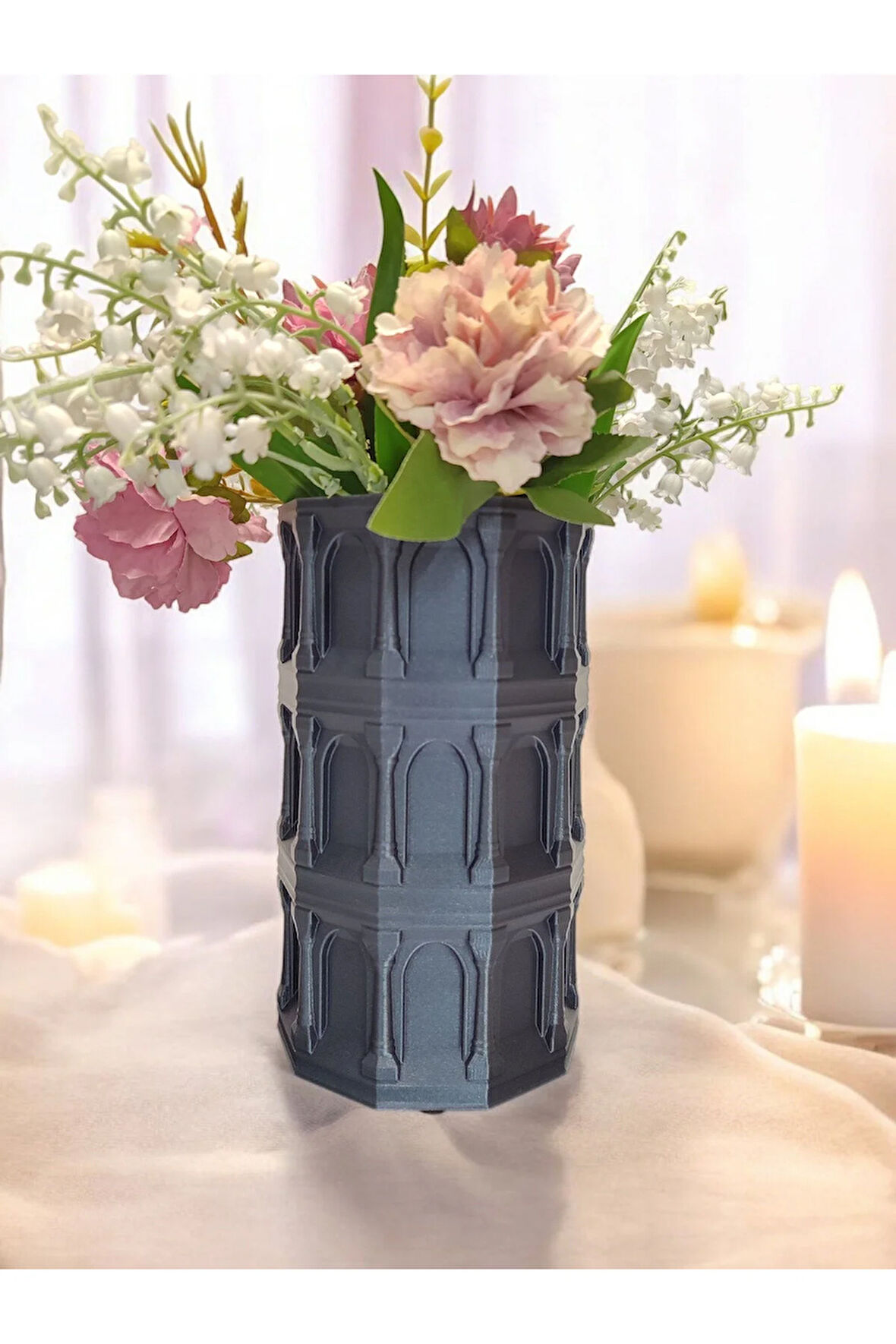 Laodikya Sütun Gothic Tarz Özel Tasarım Dekoratif Vazo Biyoplastik Retro Mavi