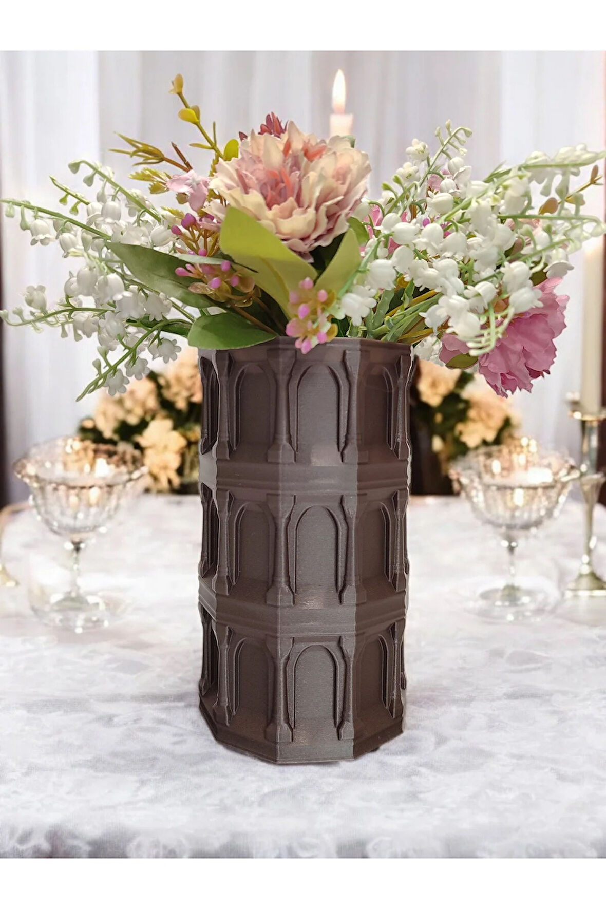 Laodikya Sütun Gothic Tarz Özel Tasarım Dekoratif Vazo Biyoplastik Retro Kahverengi